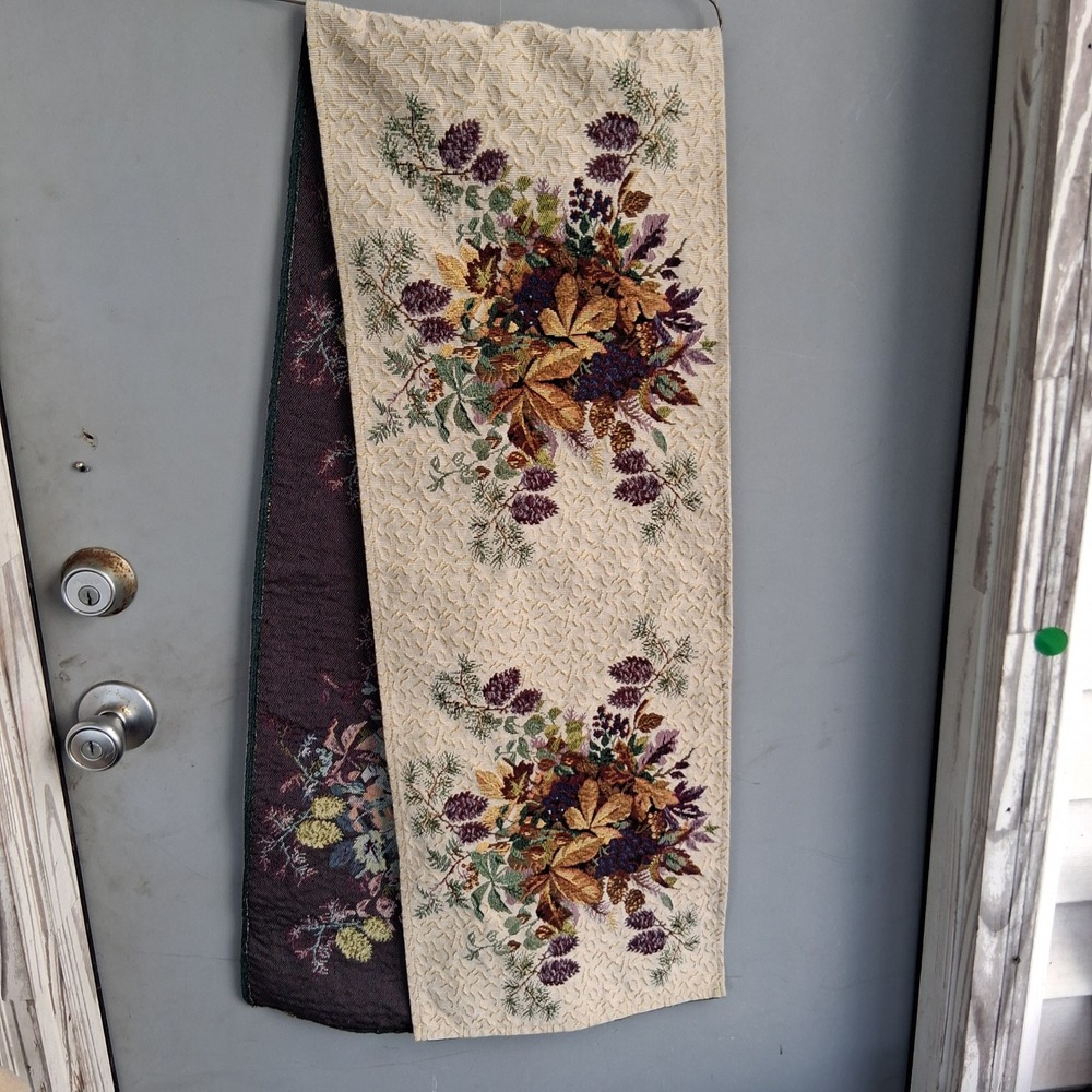 Vintage Woven Tapestry Table Runner Pinecones Fall Harvest Autumn Leaves 70x12